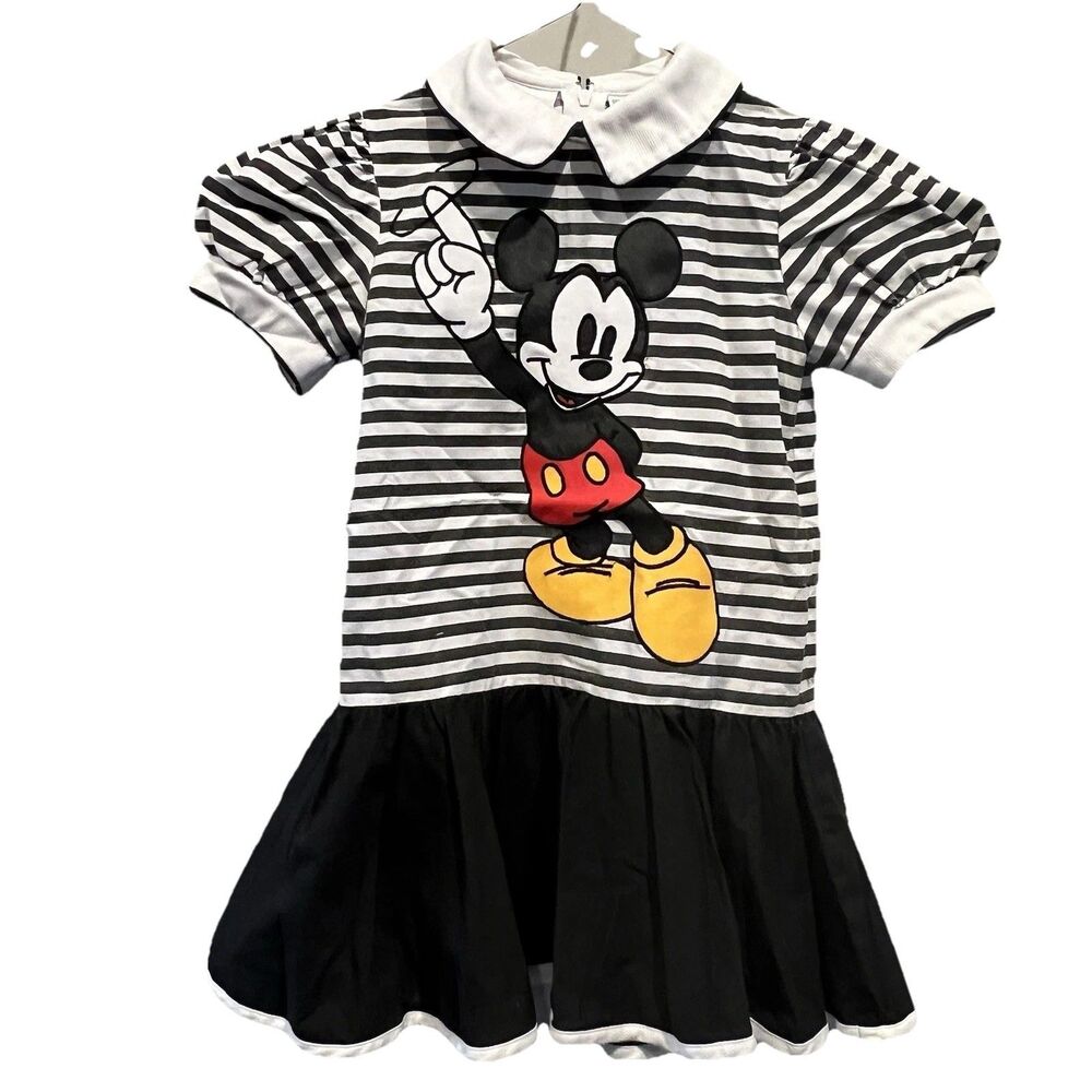 VTG Disney Mickey Mouse Striped Dress Girls 5 Drop Waist Skater Retro Classic